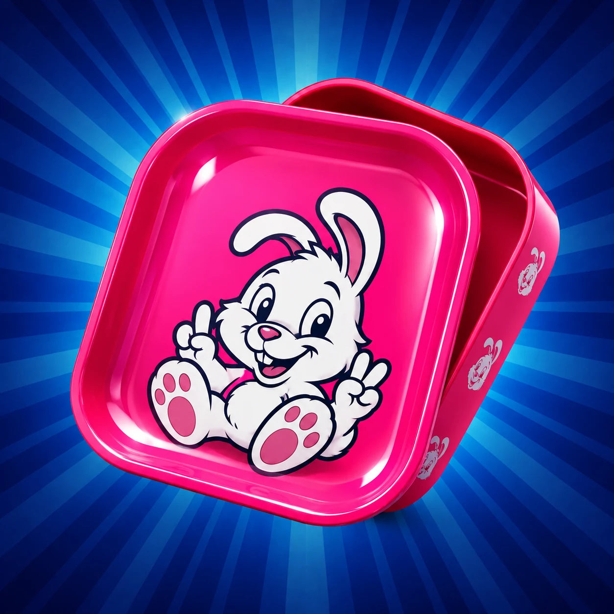 Accessoires C’BORDER — plateau rose au lapin, fond bleu rayonnant